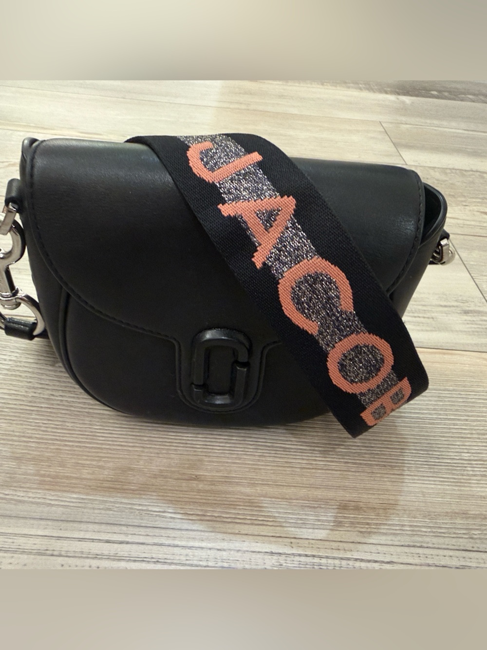 Marc Jacobs Black Leather Shoulder Bag with Branded Black & Coral Strap